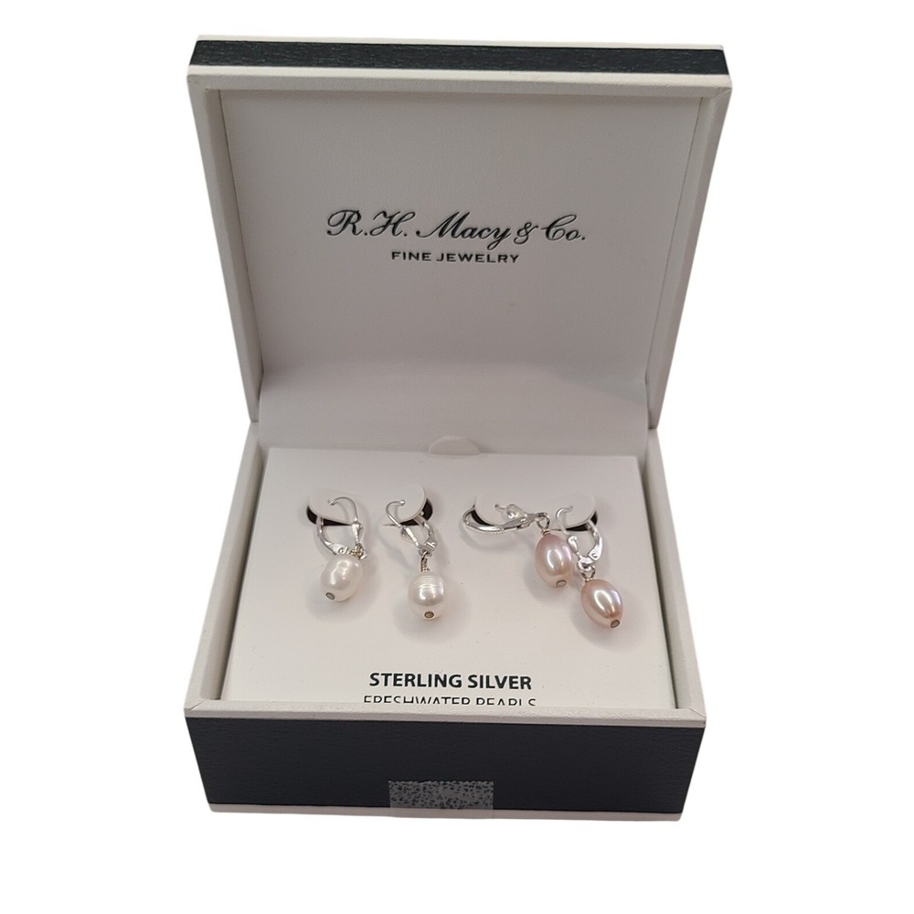 R H Macy & Co Sterling Silver Freshwater Pearl Lever‎ back Earrings Set